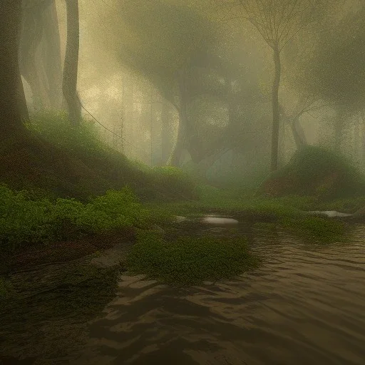 Photorealistic sleepy FLORIDIAN misty foggy ravine creek