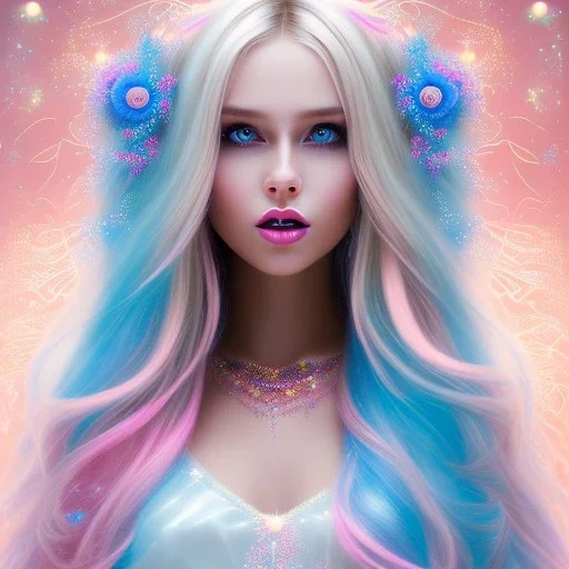 beautiful, soft, smiling face, whole head, long straight blonde hair blues eyes, crown on the head, clothing in transparent bluish and pink veil, background brillante bluish and pink, hight definition, 8K