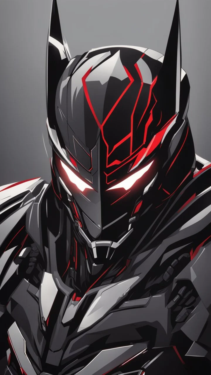 A close picture to Mix between symbiote and machine and batman in transformers cyborg with black metal and red details armor in solo leveling shadow art style with red details detailsis in fantasy world