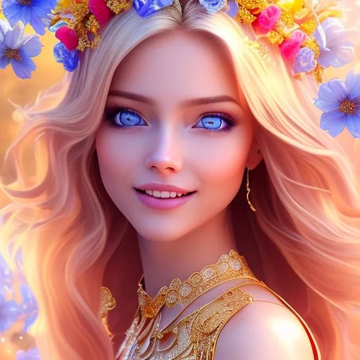 Beautyful smiling young woman, long hair amazing blue eyes, flowers, happy cosmic, bright colors, blue, pink, gold, jewels, realistic, photo real, clear sunny background, highly detailed, high contrast, 8k high definition, unreal engine 5, extremely sharp detail, light effect, sunny light background