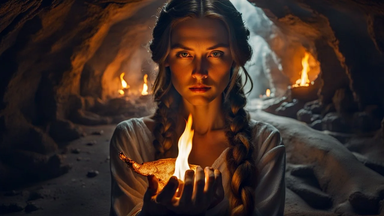 a sad woman with brown braided hair in profile in a scary cave, holding a flame in her palm in a white vintage long-sleeved nightgown, the inside of the cave is illuminated by the flame with yellow light,, close shot, detailed, high realistic, perfect photo, dramatic, dark fantasy