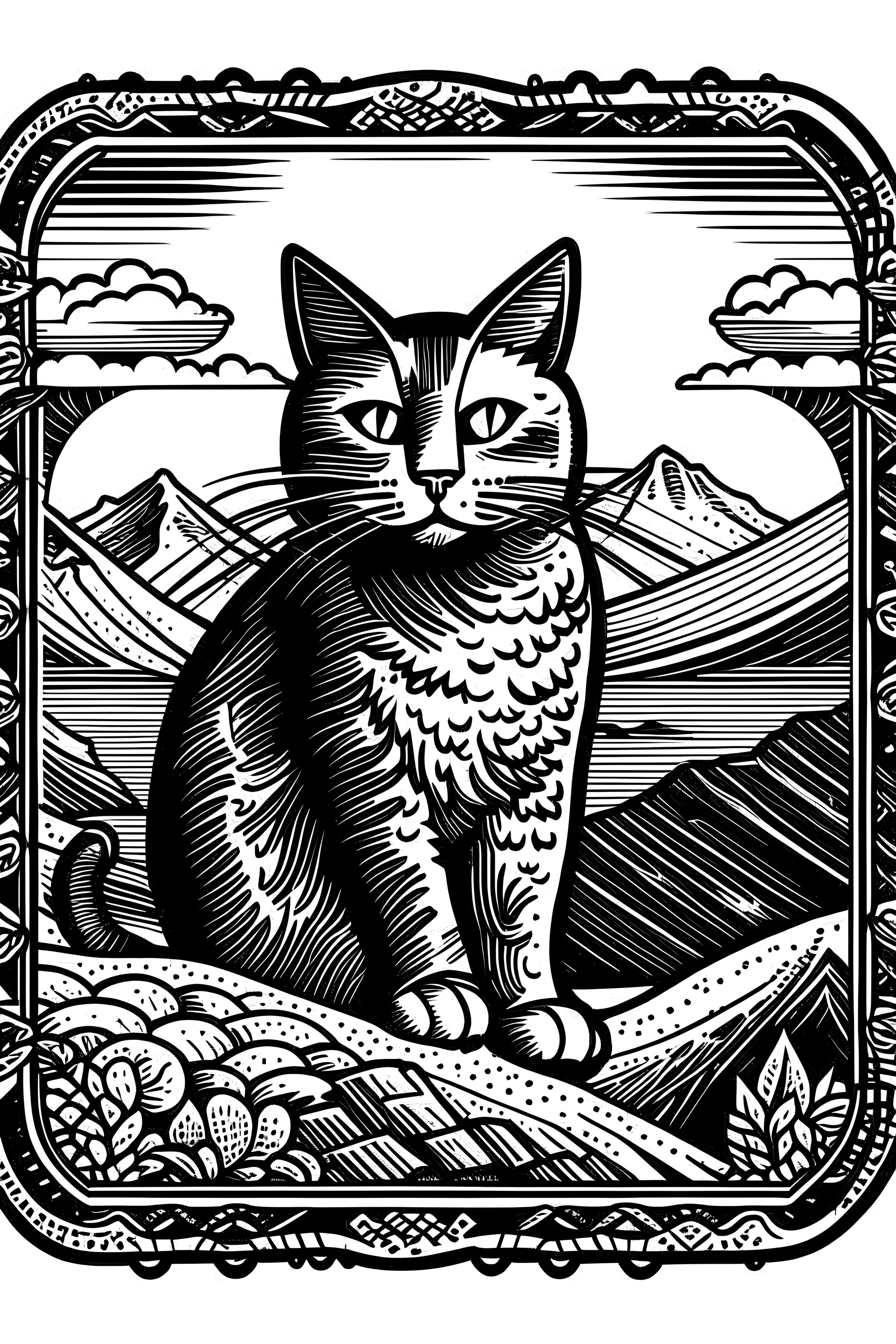Andean mountain cat stamp draw, black and white, ex libris Style