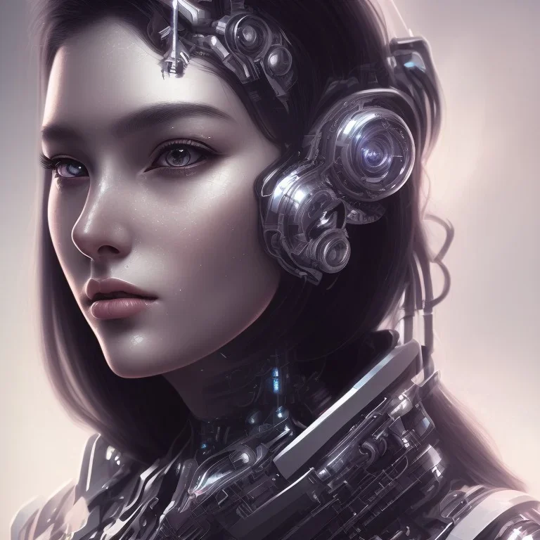 wonderfull portrait only woman half face robot, long black hair, intricate, sci-fi, cyberpunk, future