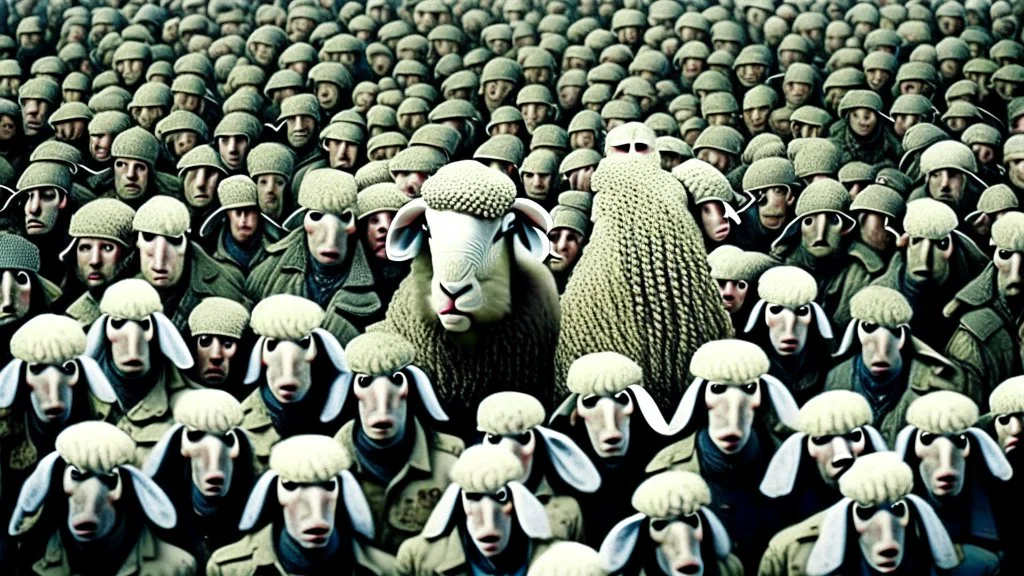 large crowd of soldiers all with sheep heads