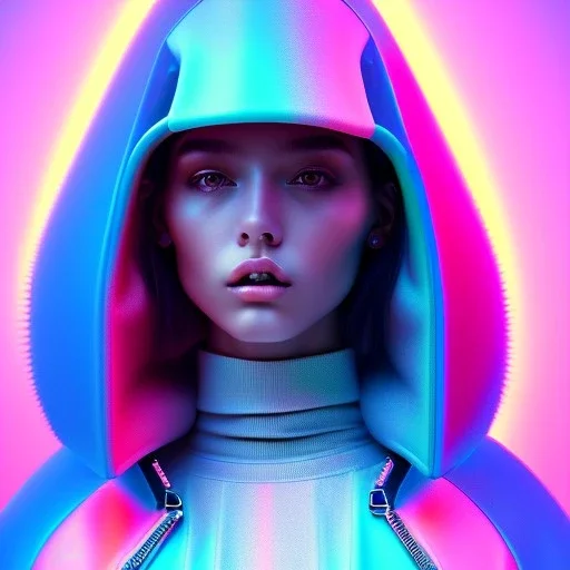 latin woman teenager, padded coat, retro futuristic, latex dress, gradient color, BLUE, PINK, CYAN, neon, insanely detailed, 16k resolution, perfect eyes, cinematic smooth, intricate detail