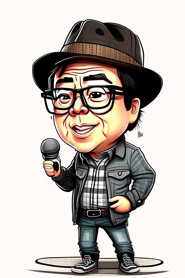 Drawing of Gustavo Petro serious with hat, jeans and shirt speaking in a speech full body chibi