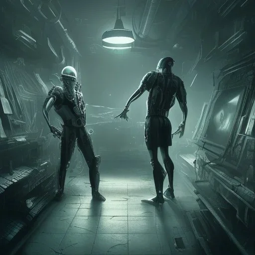 Men showering together, volumetric lighting, intricate details, cyberpunk