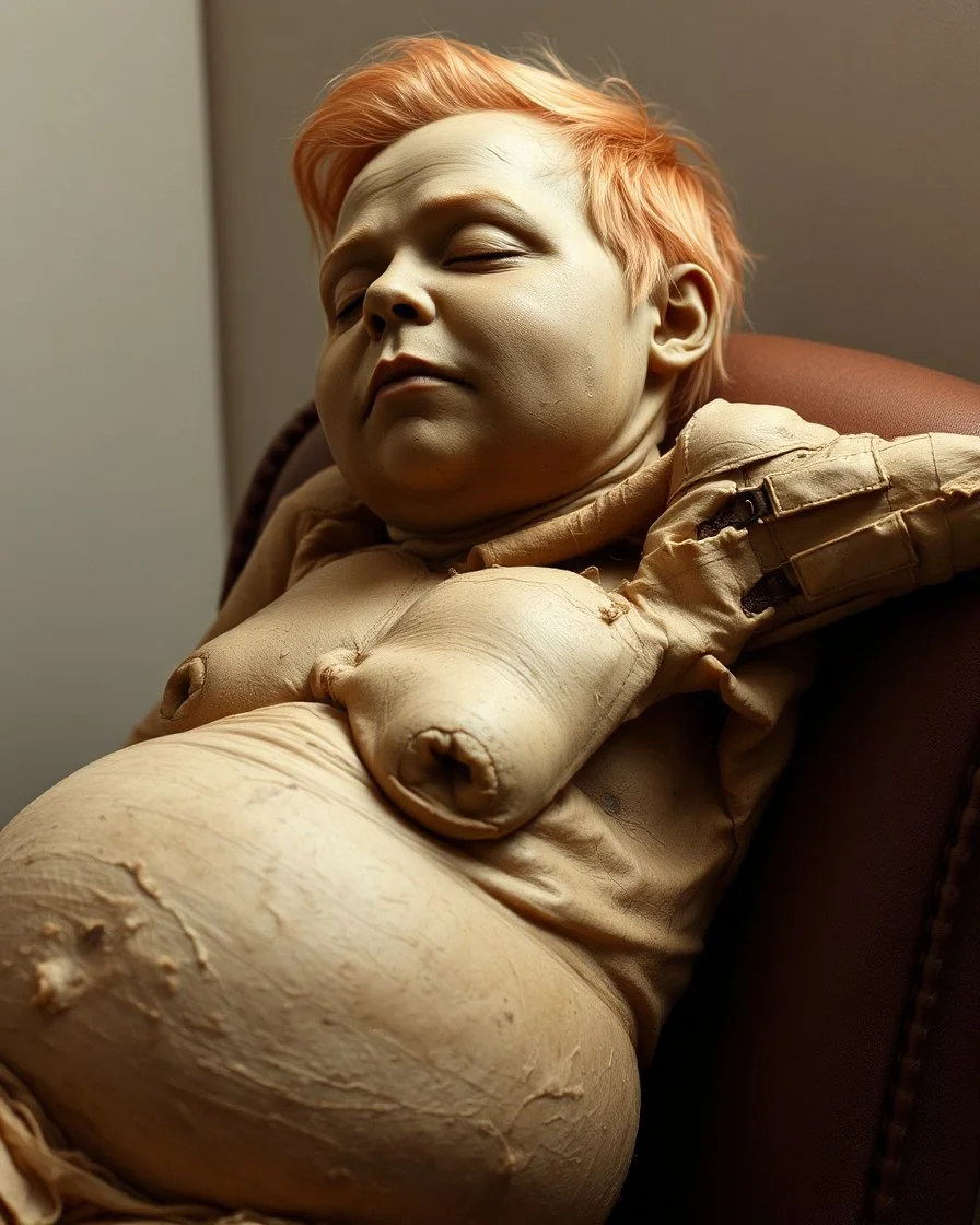 a chubby extremely mummified male corpse, eyes closed, strawberry blonde hair, leaned over in a brown chair