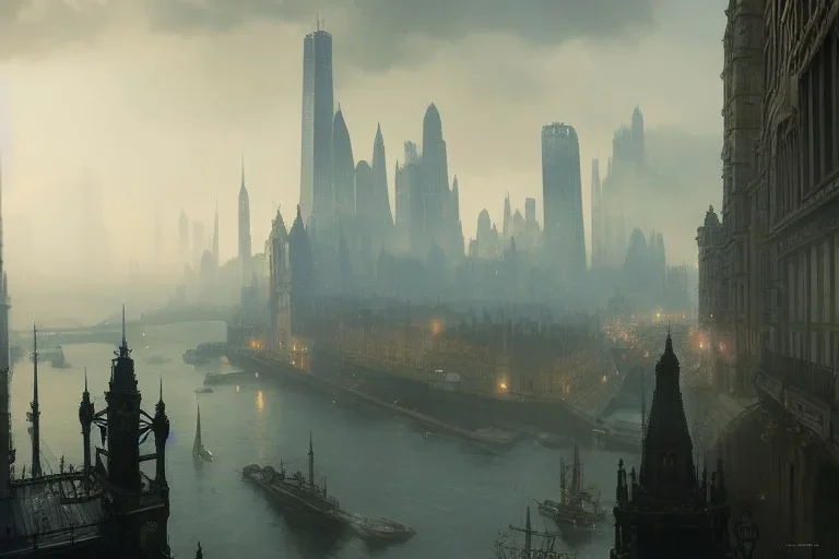 Harbour Chicago Parisien building London+Edimburgh+Gothic town+Art deco Metropolis +alphonse mucha, greg rutkowski,matte painting, cryengine, hyper detailed, felix kelly, fantasy art, seb mckinnon