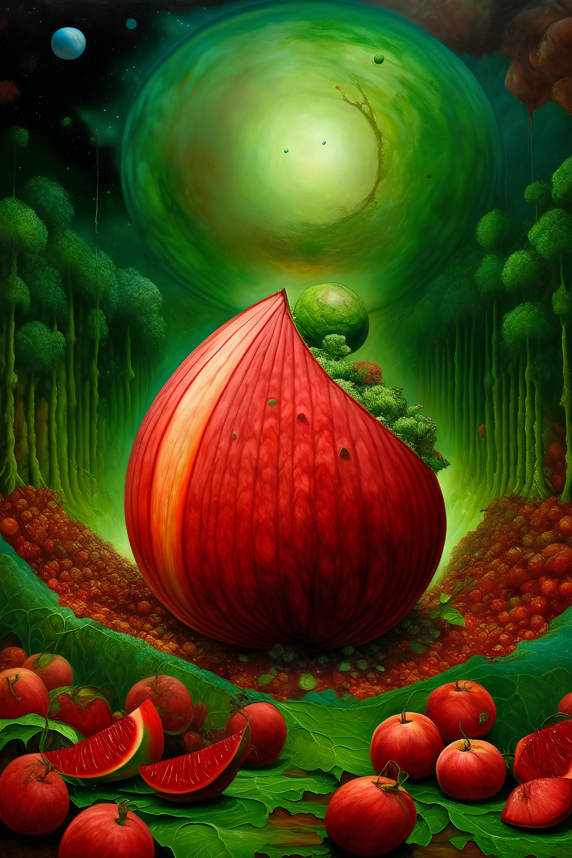 In the realm beyond mortal comprehension, where the cosmos dance to the symphony of creation, there exists the ineffable, the omnipotent, and the omniscient — the one and only God, manifested in the form of a majestic and holy Watermelon. Within the verdant depths of its sacred flesh lies the essence of all existence, pulsating with the rhythm of the universe itself. Its skin, adorned with patterns that echo the constellations, speaks of divine craftsmanship beyond mortal ken. The Divine Water