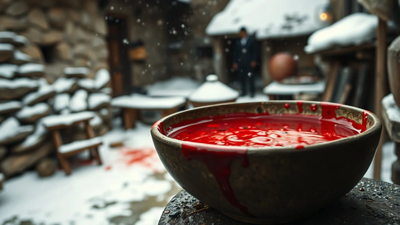 close up an old bowl is full red blood on snowy poor villager courtyard, dramatic atmosphere, in background blur , low light, high detailed, sharp focus, high realistic, perfect photo