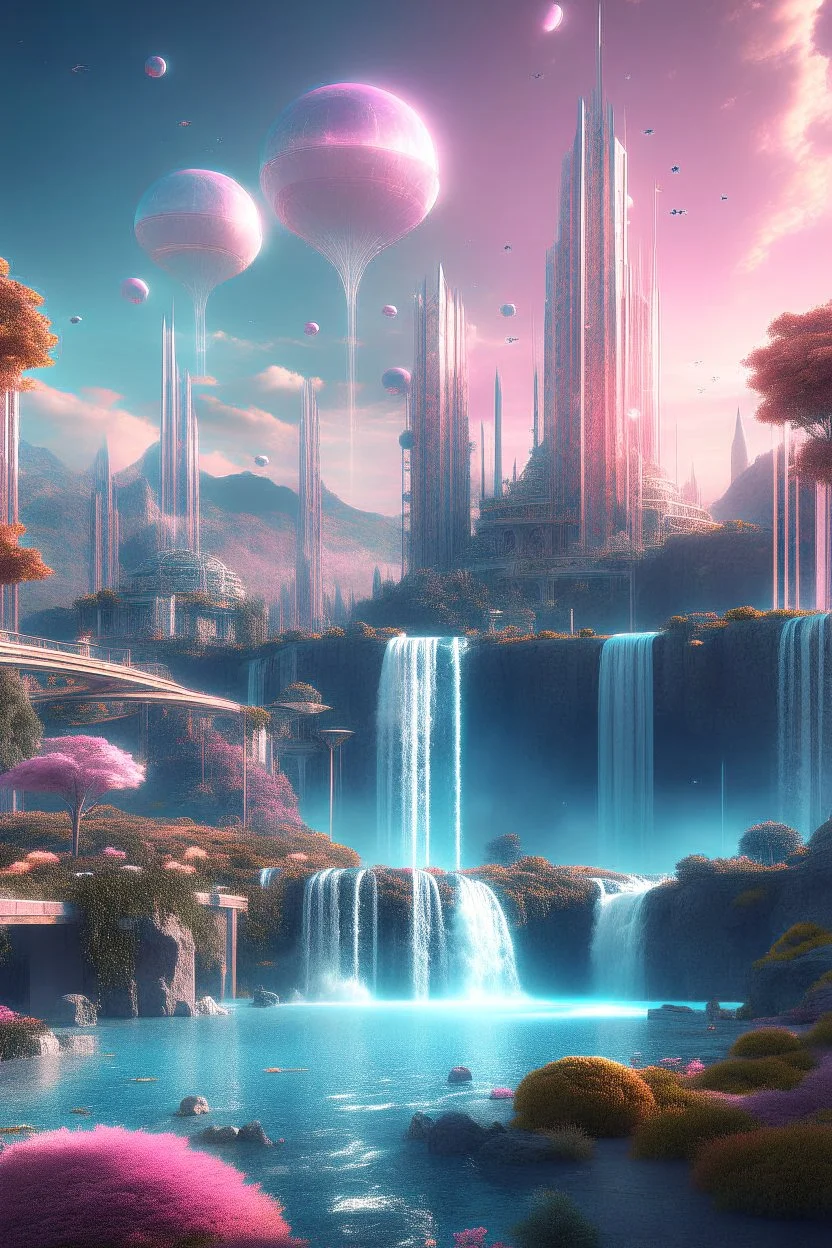 Future city. Designed by Islam on the mountains of Dhubarjad Waterfall pouring into Lake Yaqout Al-Ahmar. Rose trees and exotic fruits. The sky is colored with stars and planets.