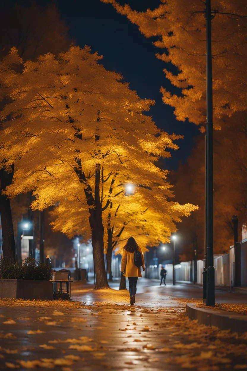 night yellow lights over the street trees autumn leaves under feet ,a Student adult girl with books in her hand walking in street looking to camera a boy walks after she few meters away her back