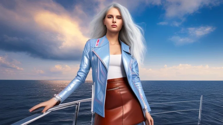 half body shot,realistic portrait of a 20-25 old caucasian model, long blue pink flowing hair, great grey eyes, blue leather jacket,full body, short white skirt,long legs,standing on deck of very big ship, beach of very nice lake with sunset ,clouds,godrayes