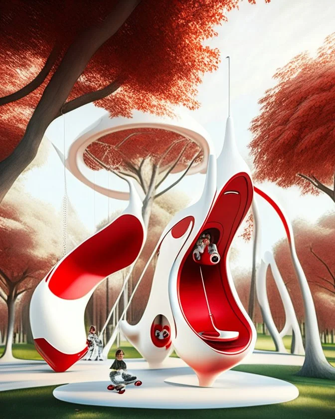 Parque infantil juegos columpios estilo Zaha Hadid obra de arte pintura al óleo hiper detallada hiperrealista color blanco crema y rojo imperial impactante árboles niños personas foto realista arte futurista iluminación cinematografica 4k