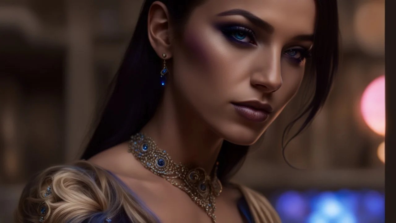 Full body portrait of a peaceful ((smiling)) gorgeous blonde Goddess of the galaxies with a blue indigo purple skin, high skul, luminous eyes in a galactic sunset