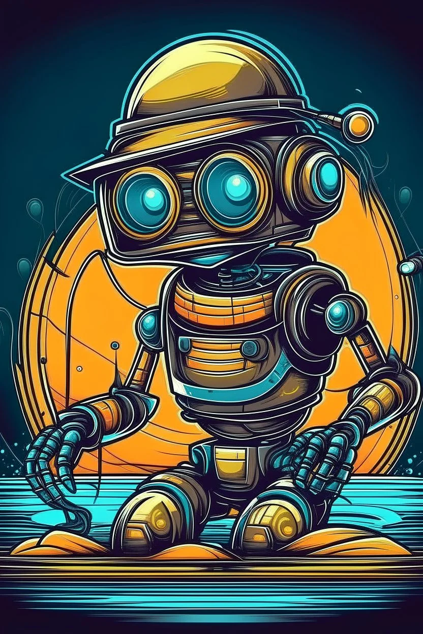 ROBOT FISHING wearing sunglasses, Style: NEW, Mood: Groovy, T-shirt design graphic, vector, contour, WITH background.