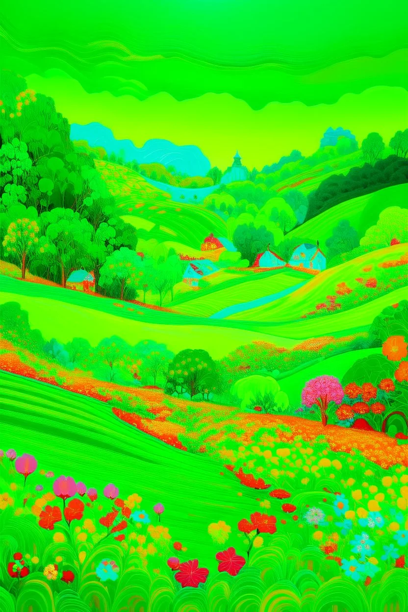 A neon green hilly fields with flowers painted by Xul Solar