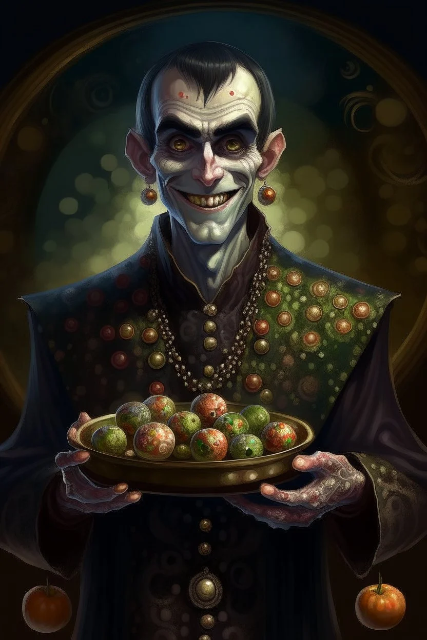 book cover illustration, spotty oil painting portrait of metallic dark faced slightly cute smirking vampire holding small earth on a platter, bokeh , high detail, smooth render, prize winning