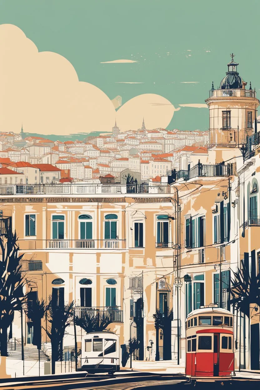 lisbon city view in artsy graphic design style with famous tram