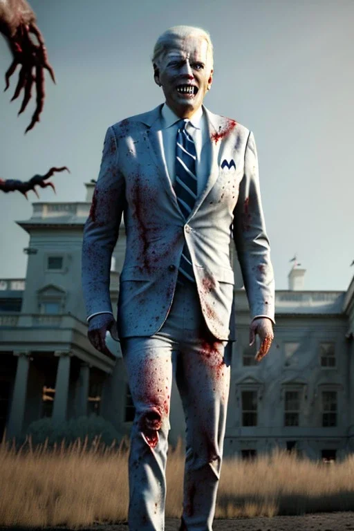 Ultra realistic image, joe biden zombie, zombie performance, suit, skull, blood, torn arm, night, walking twisted, waist up view, thriller style, dark ambient, highly detailed, White House background, concept art, unreal engine 5, god rays, ray tracing, RTX, focal lighting, ultra detail, volumetric lighting, 3d, finely drawn, high definition, high resolution.