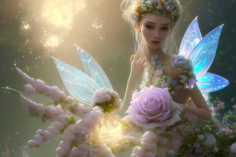 one big crystal subtle flower in a galactic ambiance, transparent petals, delicate colors, in the foreground, with a little beautiful fairy, full of details, smooth, bright sunshine，soft light atmosphere, light effect，vaporwave colorful, concept art, smooth, extremely sharp detail, finely tuned detail, ultra high definition, 8 k, unreal engine 5, ultra sharp focus