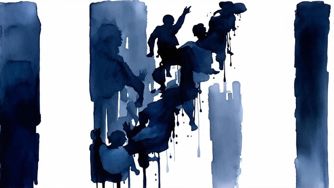 Flowing silhouettes cascade through a vertical composition in deep indigo and gray tones. The watercolor technique creates a sense of movement as figures blend and overlap, suggesting the connected nature of urban life. Negative space defines each form while architectural hints ground the scene in a city setting. The loose, fluid style emphasizes the rhythm of movement and the shared experience of urban dwelling.