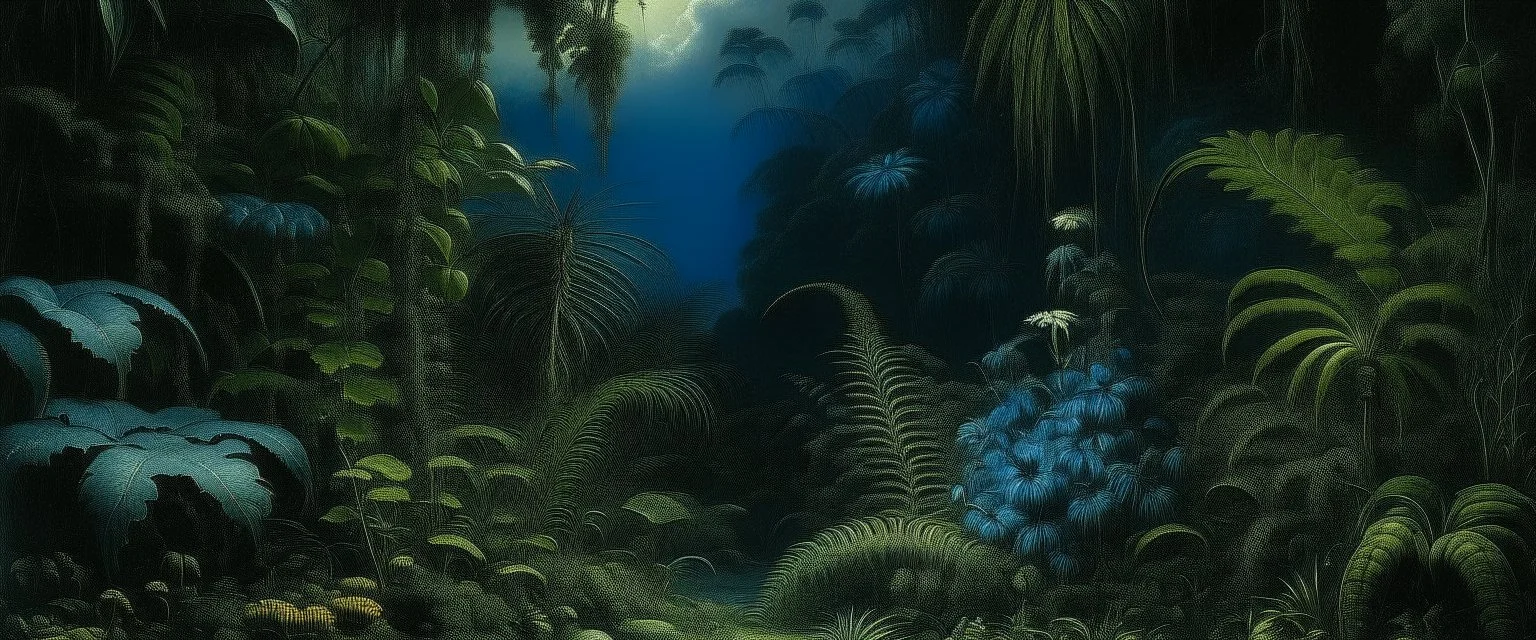 A dark blue corrupted jungle with Venus fly traps painted by George Inness