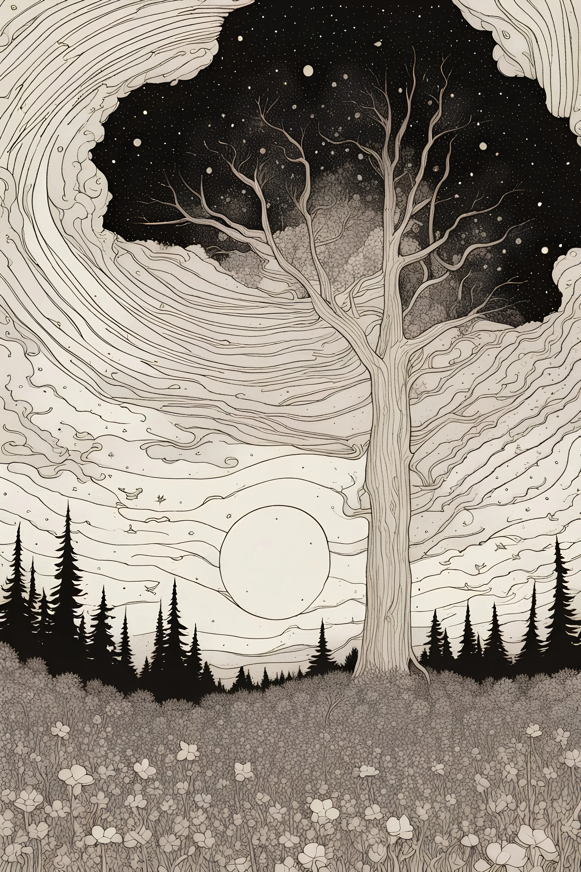 Peaceful, Jean Giraud, night sky filled with galaxies and stars, trees, flowers, black ink, one-line drawing, sharp focus, 8k, 3d
