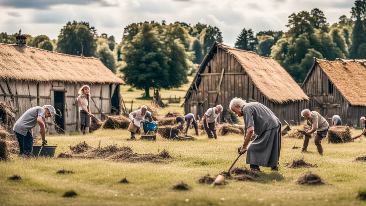 young and old people working in the field near medieval barns