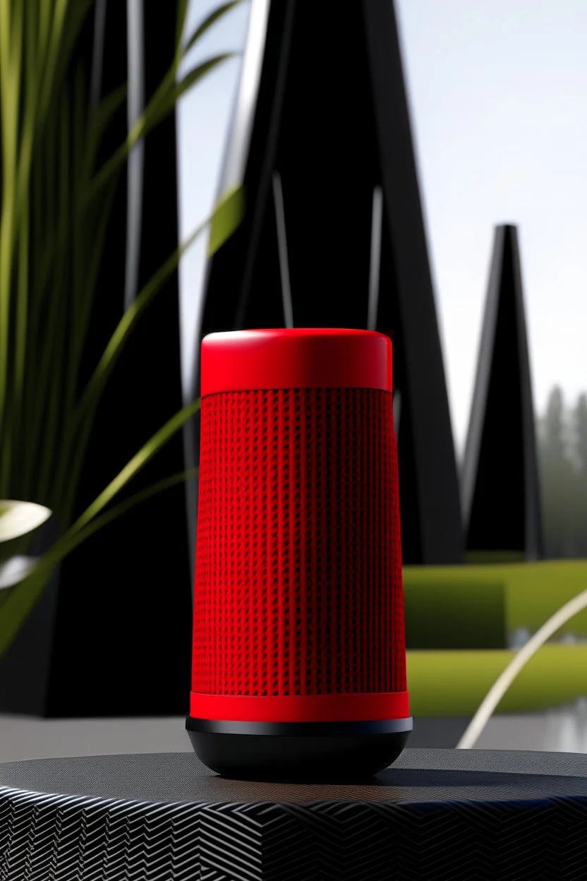 portable speaker, form inspired by merdeka 118 tower , flora and fauna form, modern design style and black and red color