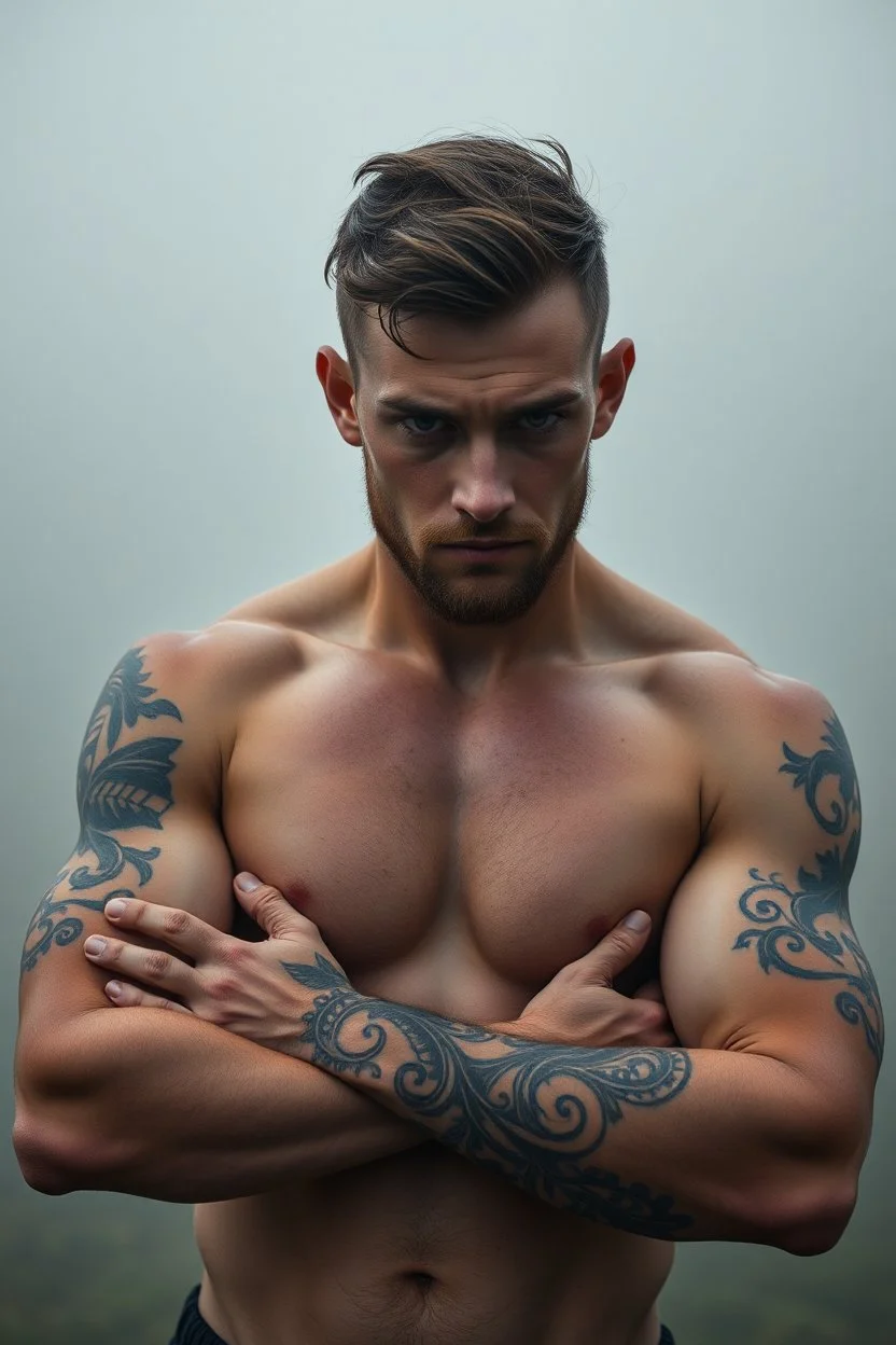 Extremely realistic photo of a young balled man with tattoos on his chest and hands with nice muscles ,fog, general foul weather, (Rembr Lighting), zeiss lens, ultra realistic, (high detailed skin:1.2), 8k uhd, dslr, Dramatic Rim light, high quality, Fujifilm XT3, artwork in pale distressed tones , minimalistic approach, blends old world aesthetics art with elements of distressed painting and illustration, shadow play, high conceptuality, palette inspired by Charlene Mc Nally, Carne Grif