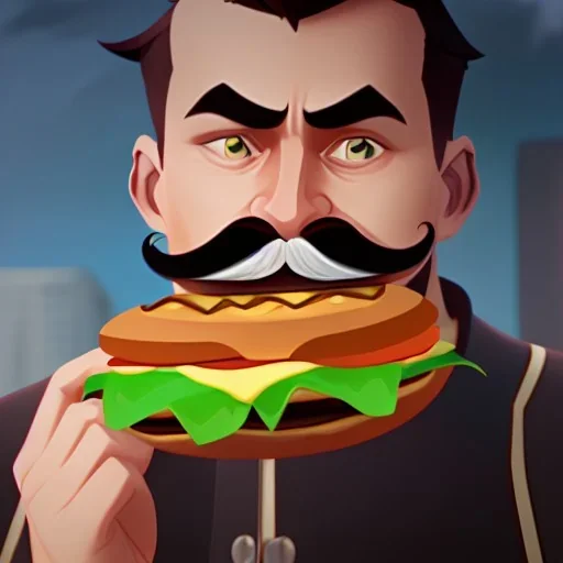 mustache man eats hamburger