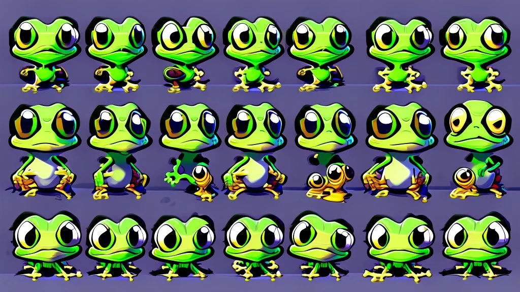 game sprite sheet of 30 images of a young and stylized frog, view from six different angles covering 360°, collection sheet, digital art