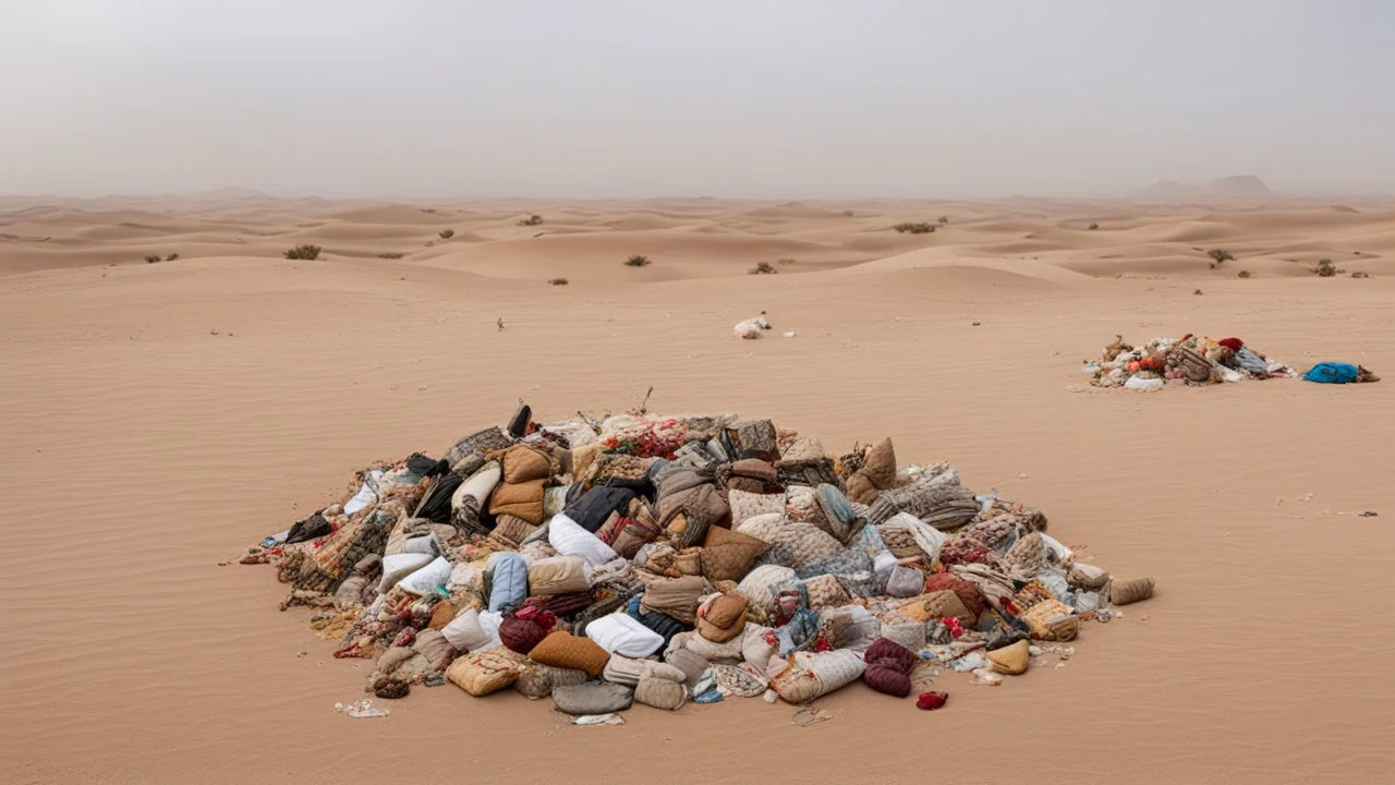 desert with things people have lost piled on the ground