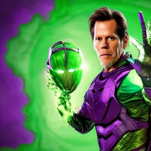 Kevin Bacon as Mysterio, Marvel, Green mist, MCU Multiverse, Zombie Avengers, Purple Background, Green clouds, Mist in helmet, Evil Dead Cabin, Necronomicon Book,