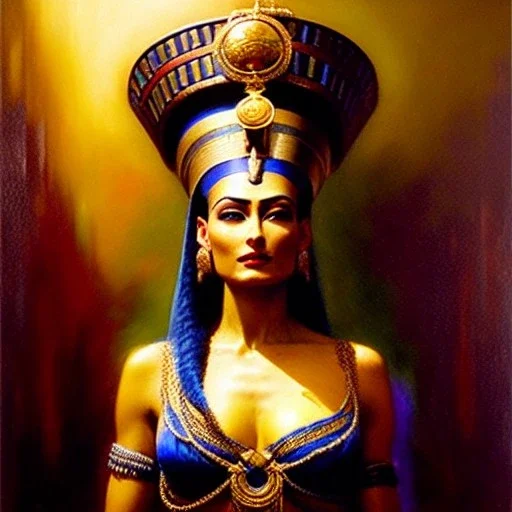 portrait beautiful face Nefertiti,busty,ancient metal armor balanciaga fashion clothe painting by gaston bussiere, greg rutkowski, yoji shinkawa, yoshitaka amano, tsutomu nihei, donato giancola, tim hildebrandt, oil on canvas, cinematic composition, extreme detail,fit full head inside picture