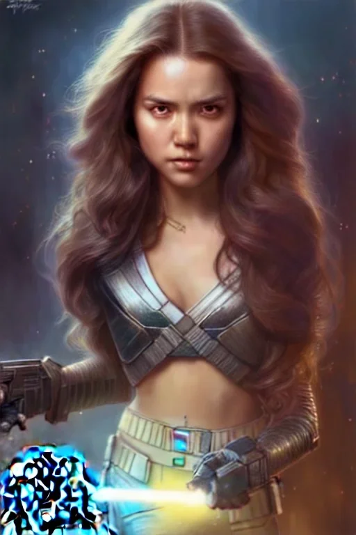 hiper realista, hiper detalhado, retrato de corpo inteiro, no estilo star wars, de uma mulher jovem incrivelmente sexy e bonita, cabelos longos , arte de greg rutkowski, artgerm, wlop, rossdraws, boris vallejo