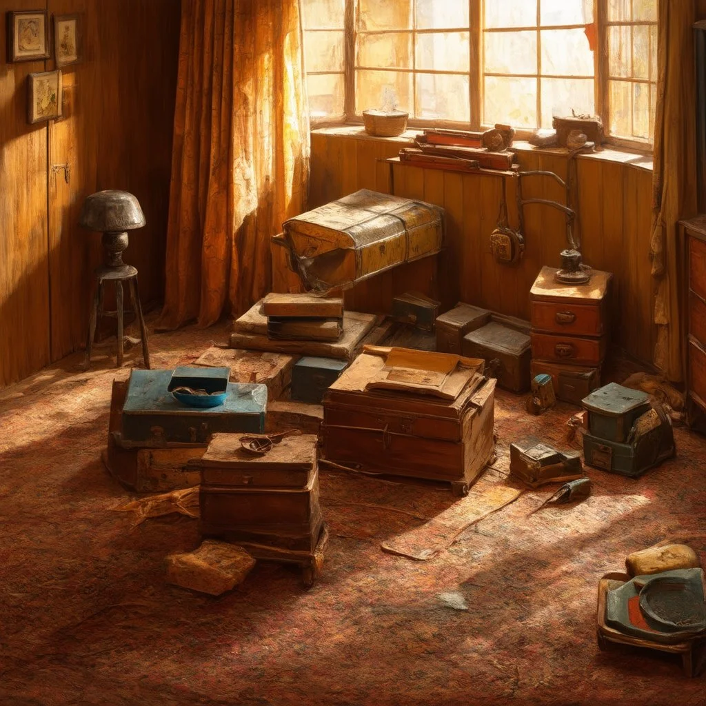 Very old stuff in a room, wide angle view, nostalgia, '50 style, hyperrealistic rendering, Max Ernst