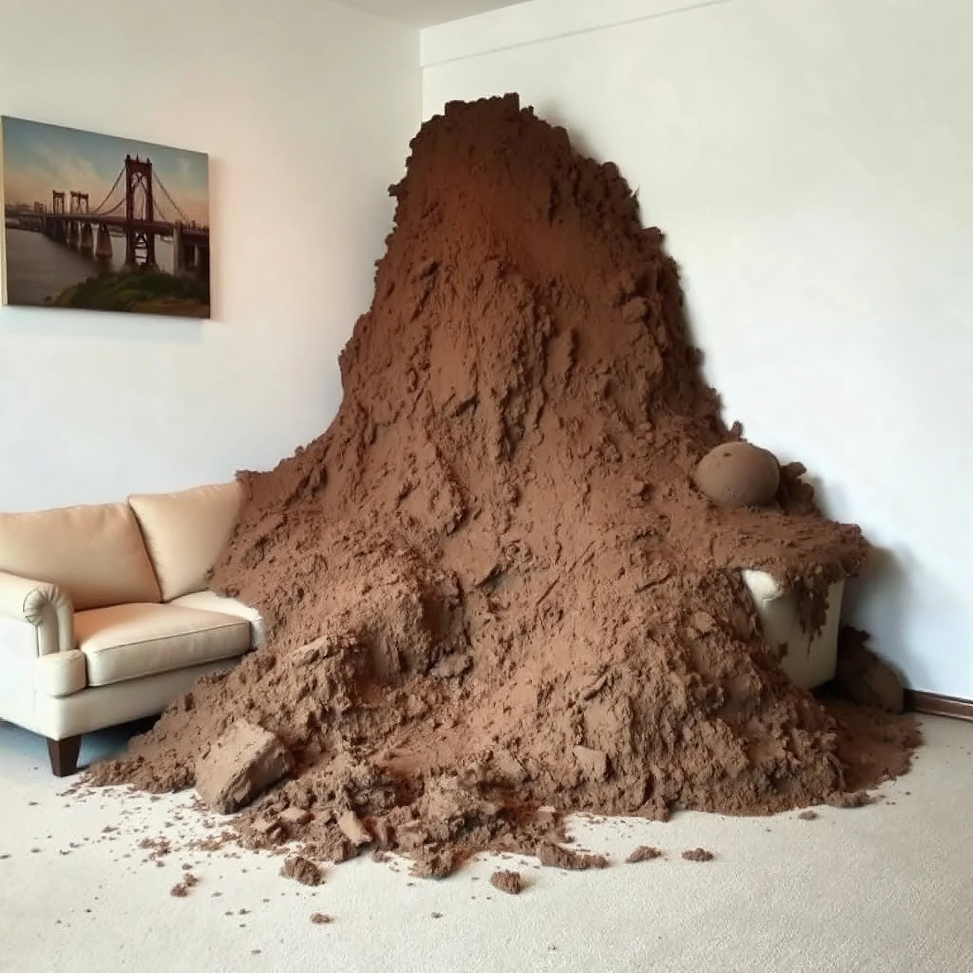 Fotografia di una grande massa di terra o fango che sembra essere stata depositata all’interno di una stanza con pareti bianche e un divano beige. La formazione di terra/fango domina lo spazio, con parti che si sono staccate e sparse intorno. C’è anche un quadro appeso al muro che raffigura una scena all’aperto con un ponte. Sembra un’opera d’arte o un’installazione artistica. È interessante per il contrasto tra l’ordine tipico degli spazi interni e il caos naturale introdotto dalla terra