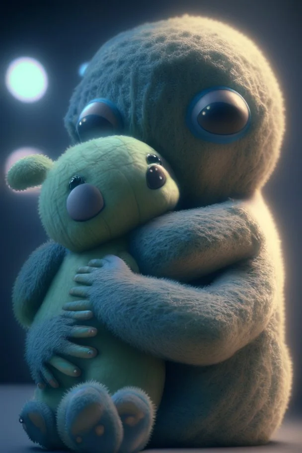 Alien hugging a teddy bear, artstation, HD, octane render, 8k resolution