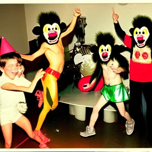 1980s photo of new year's party alien monkey with dancing happy