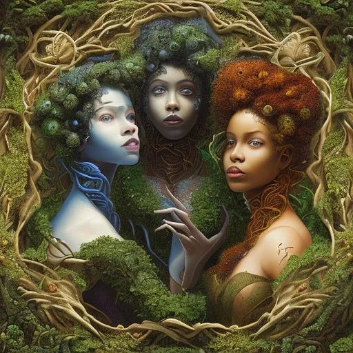 Painting .three women. A mother. Two daughter. Twins. A mother with her children the faces of three young black women. wood nymphs emerging from the forest. Her hair looks like vines. Dreadlocs. Her skin is the colour of dark soil. Her skin looks like tree bark. Her clothing is made of vines, grass and leaves.