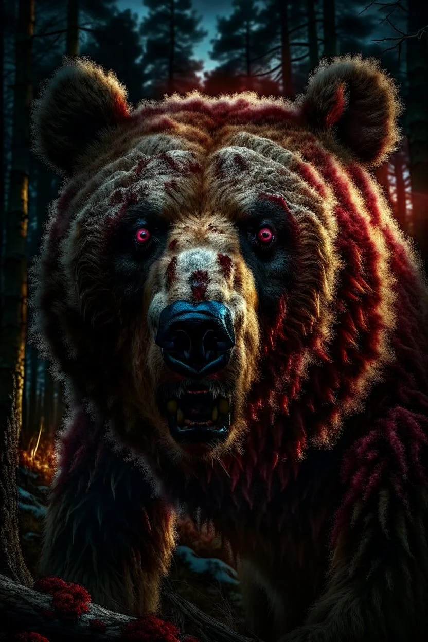 upclose realistic and mysterious photography,12k ultra-high-definition rendering of a scary bear, he is partially a robot, white furr, red scratch marks on him, showing thangs,exudes a sinister aura under the Forrest's dark and mysterious lighting