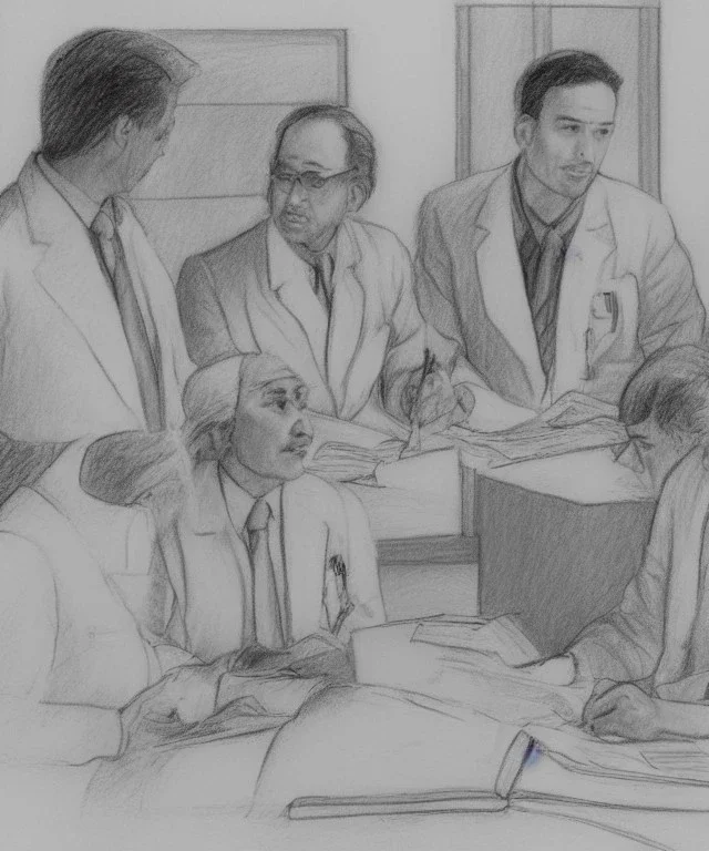 Pencil sketch of Four doctors are discussing ، on lined paper