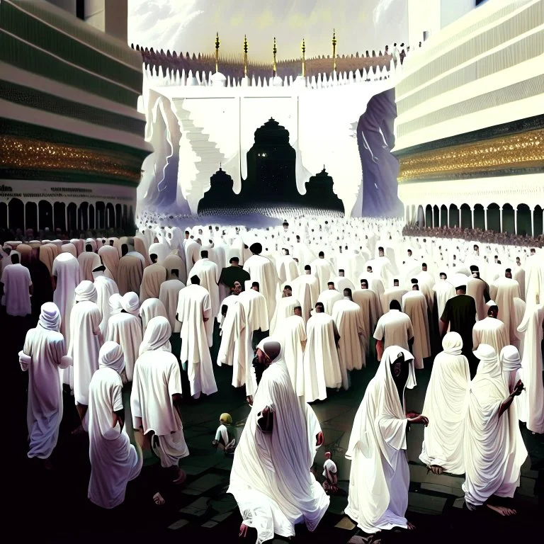 The scene in Mecca: People wearing white Ihram clothes, men without head coverings, women with veils, circumambulating around the Kaaba, and above them are transparent white spirits of children, men, and women with wings revolving around the Kaaba.