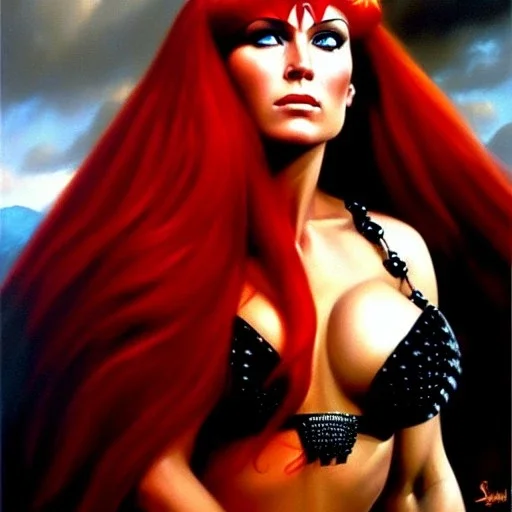 portrait of Red sonja painting by Brom, oil on canvas, cinematic composition, extreme detail,fit full head inside picture