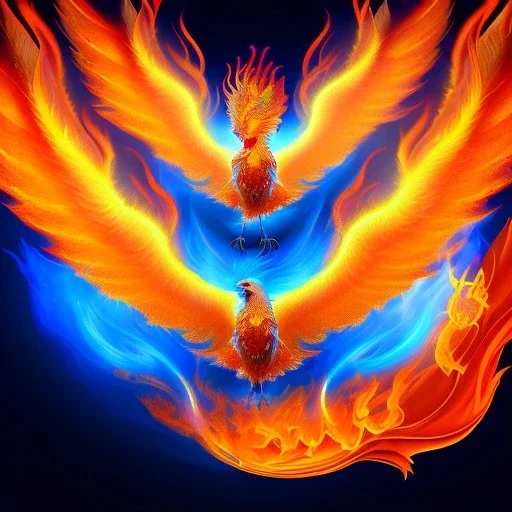 surreal illustration of a fiery phoenix, a flaming phoenix, realistic, surrealism, surreal phoenix with glowing fire wings, glowing soft and smooth wings, abstract surreal fantasy art, highly detailed, intricate patterns on wings, soft studio lighting, smooth dark blue background 64k