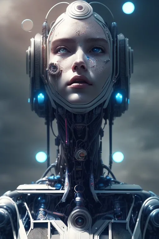 portrait,beautiful robot, post-apocalyptic in a cyberpunk city, realistic, intriacte detail, sci-fi fantasy style, volumetric lighting, particales,highly detailed,cinamatic, deep colours,8k