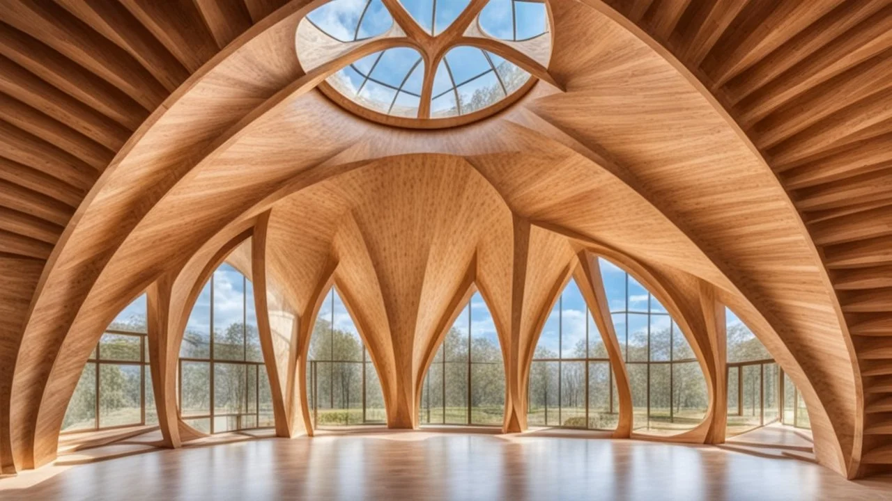 2060 Vista desde el interior de un hermoso e inspirador edificio curvo simétrico construido con elegantes y delgadas vigas de madera entrelazadas, con forma de elegantes parábolas, espirales doradas y círculos. Increíble arquitectura totalmente simétrica, grandes ventanales, ubicación en el campo, noche, estrellas, luciérnagas, montañas distantes, lago, luz natural suave y perfecta, fotografía extremadamente detallada y premiada, hermosa composición, 16k, HDR, enfoque nítido, obra maestra